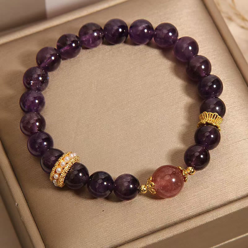 Wear FengShui Natural Amethyst Lucky Strawberry Quartz Beads Peace Bracelet