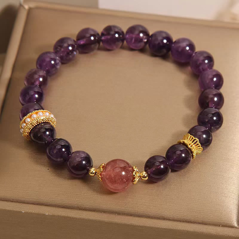Wear FengShui Natural Amethyst Lucky Strawberry Quartz Beads Peace Bracelet