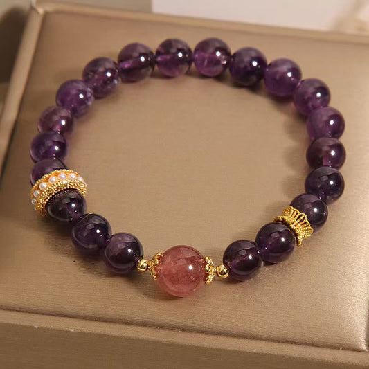 Wear FengShui Natural Amethyst Lucky Strawberry Quartz Beads Peace Bracelet