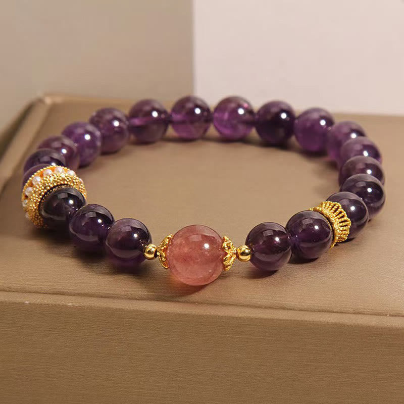 Wear FengShui Natural Amethyst Lucky Strawberry Quartz Beads Peace Bracelet