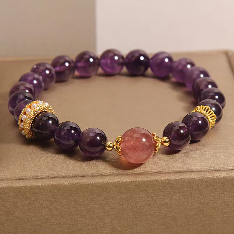 Wear FengShui Natural Amethyst Lucky Strawberry Quartz Beads Peace Bracelet