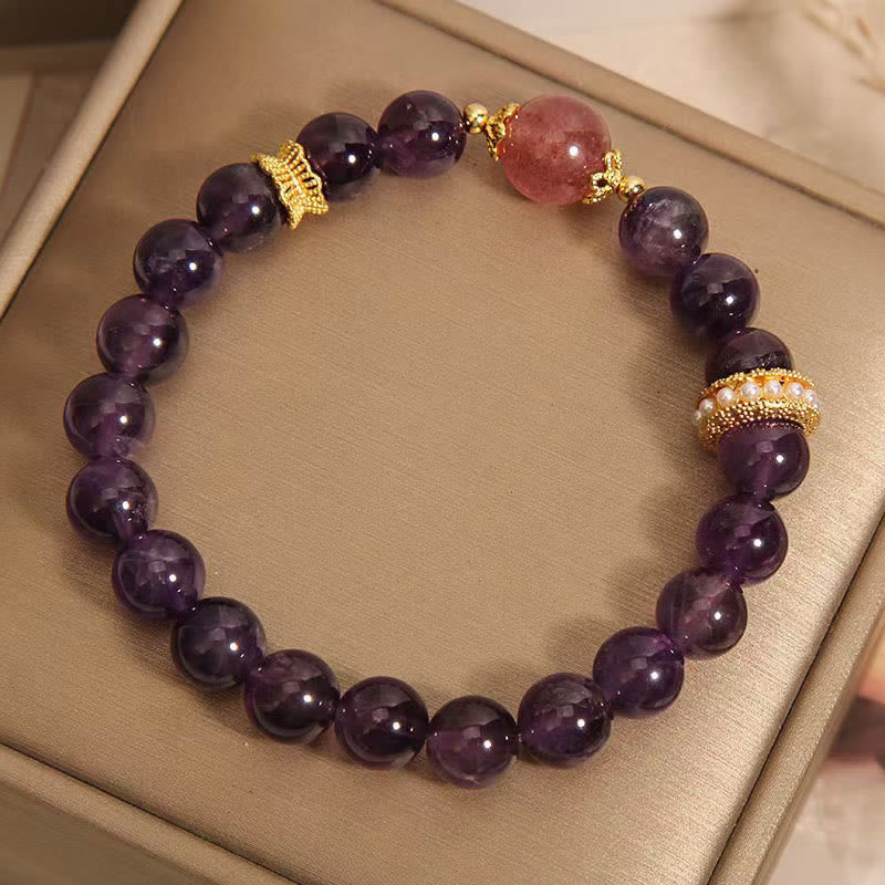 Wear FengShui Natural Amethyst Lucky Strawberry Quartz Beads Peace Bracelet