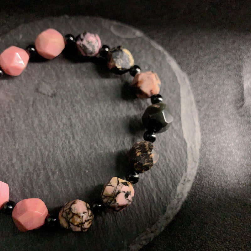 Wear FengShui Natural Rhodonite Black Line Red Spot Stone Polygon Beads Healing Bracelet