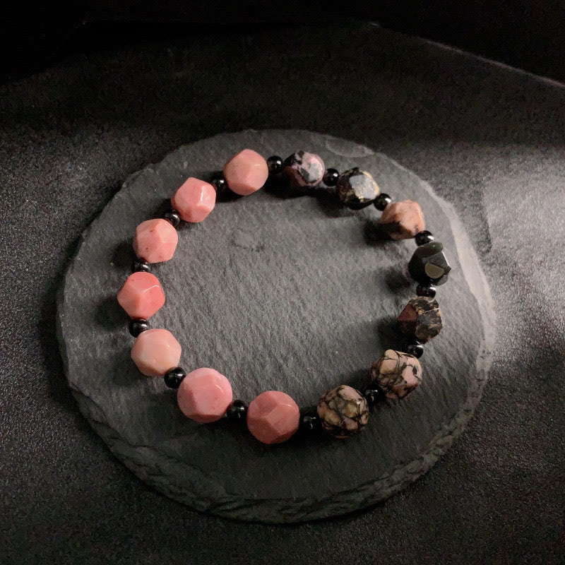 Wear FengShui Natural Rhodonite Black Line Red Spot Stone Polygon Beads Healing Bracelet