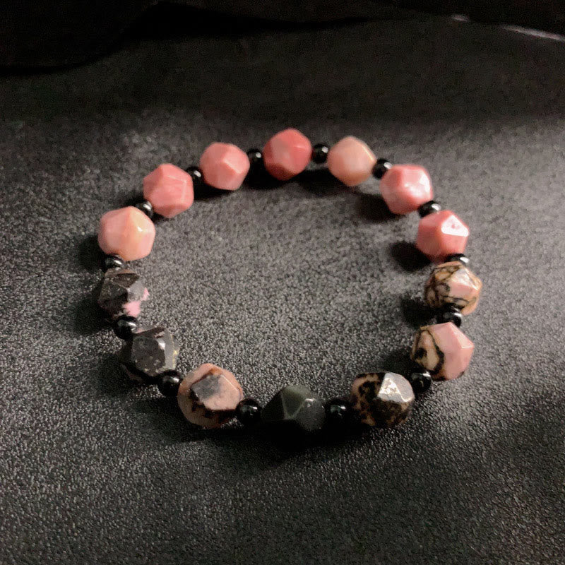Wear FengShui Natural Rhodonite Black Line Red Spot Stone Polygon Beads Healing Bracelet
