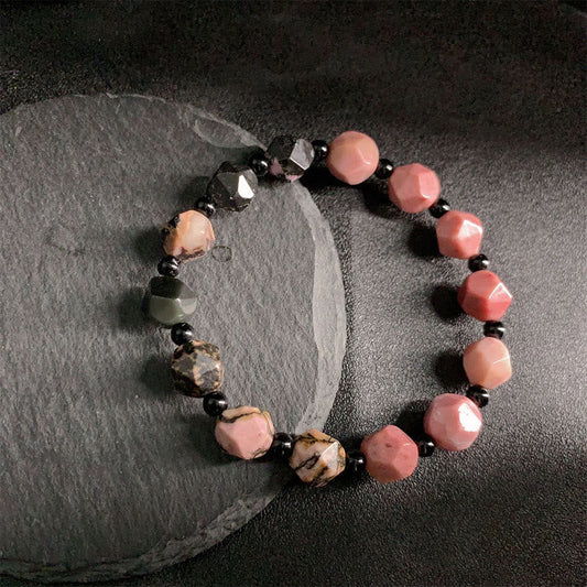 Wear FengShui Natural Rhodonite Black Line Red Spot Stone Polygon Beads Healing Bracelet