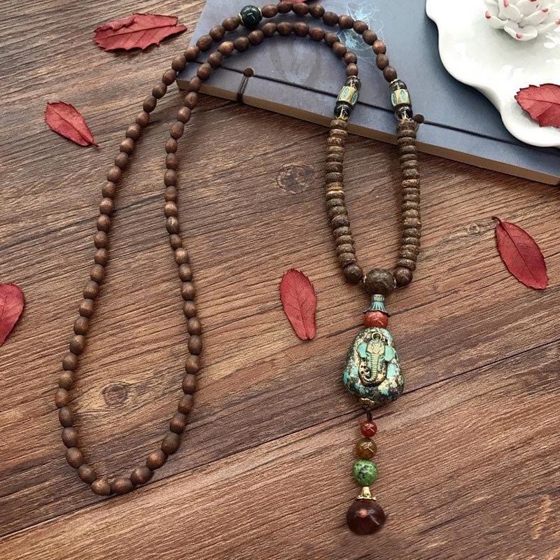 Wear FengShui Tibetan Handmade Wenge Wood Protection Dzi Bead Elephant Head Necklace Pendant