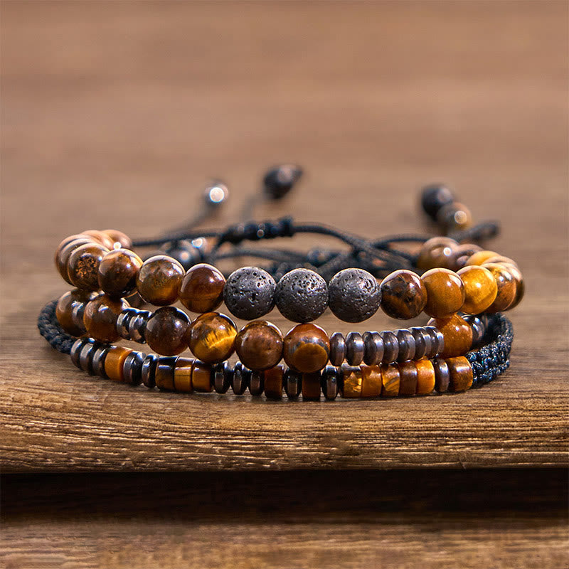 Wear FengShui 3Pcs Tiger Eye Lava Rock Protection Bracelet Set