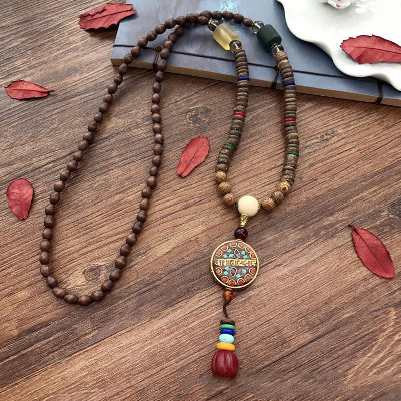Wear FengShui Tibetan Handmade Coconut Shell Schima Wood Great Bright Mantra Copper Bead Balance Necklace Pendant