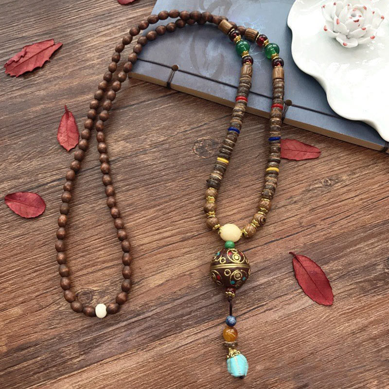 Wear FengShui Tibetan Handmade Coconut Shell Schima Wood Great Bright Mantra Copper Bead Balance Necklace Pendant