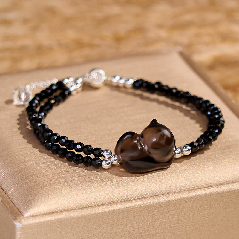 Wear FengShui Ice Obsidian Black Spinel Lying Cat Courage Double Layer Bracelet