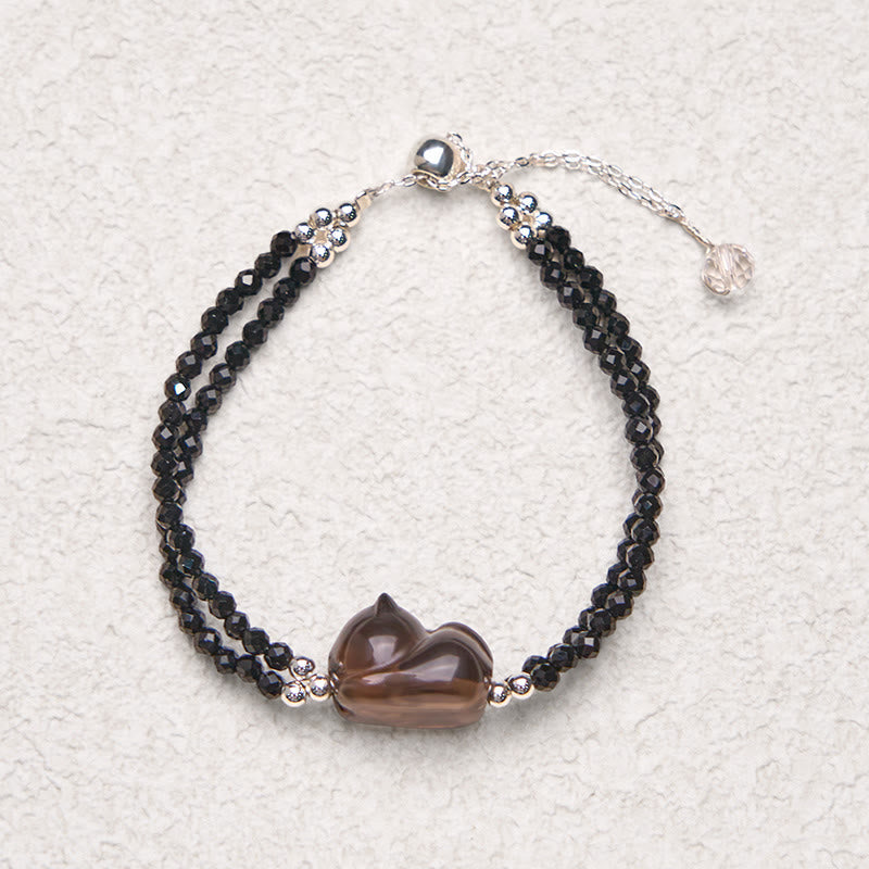 Wear FengShui Ice Obsidian Black Spinel Lying Cat Courage Double Layer Bracelet