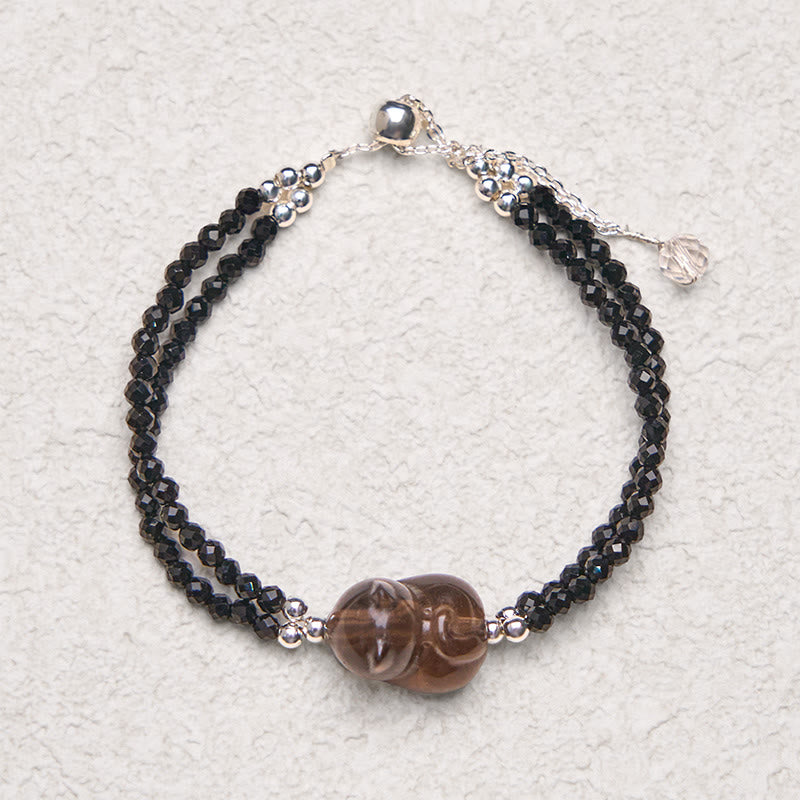 Wear FengShui Ice Obsidian Black Spinel Lying Cat Courage Double Layer Bracelet