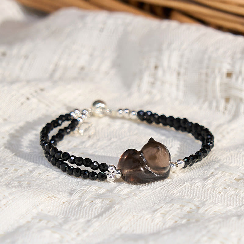 Wear FengShui Ice Obsidian Black Spinel Lying Cat Courage Double Layer Bracelet