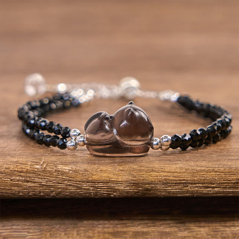 Wear FengShui Ice Obsidian Black Spinel Lying Cat Courage Double Layer Bracelet