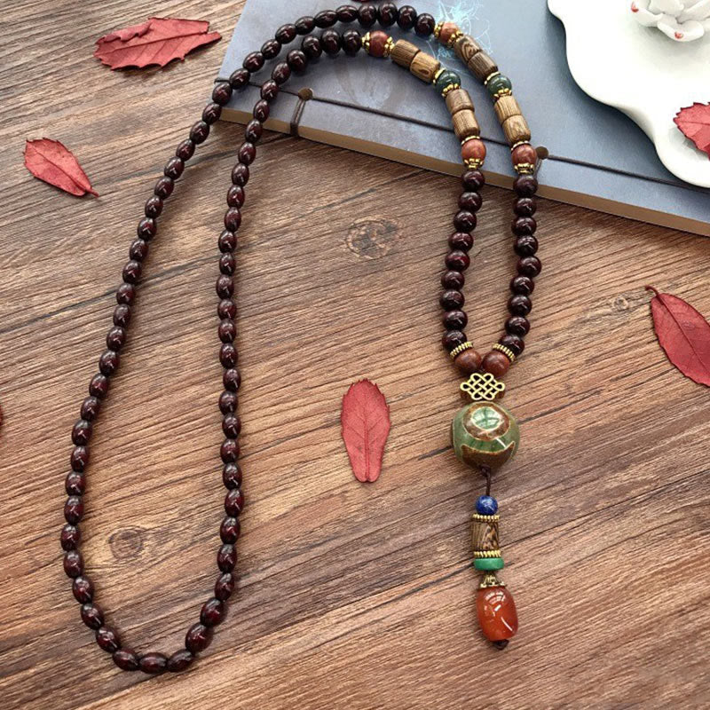 Wear FengShui Tibetan Handmade Wenge Wood Protection Dzi Bead Elephant Head Necklace Pendant