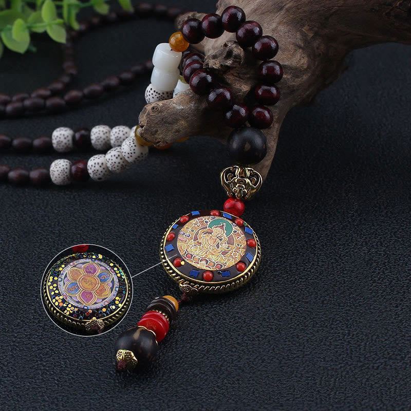 Wear FengShui Tibetan Handmade Wood Beads Om Mani Padme Hum Samantabhadra Bodhisattva Purity Necklace Pendant