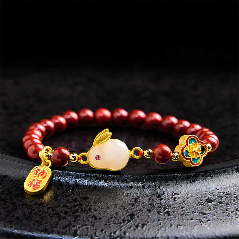 Wear FengShui Cinnabar Cute Rabbit Bunny Fu Character Calm Bracelet