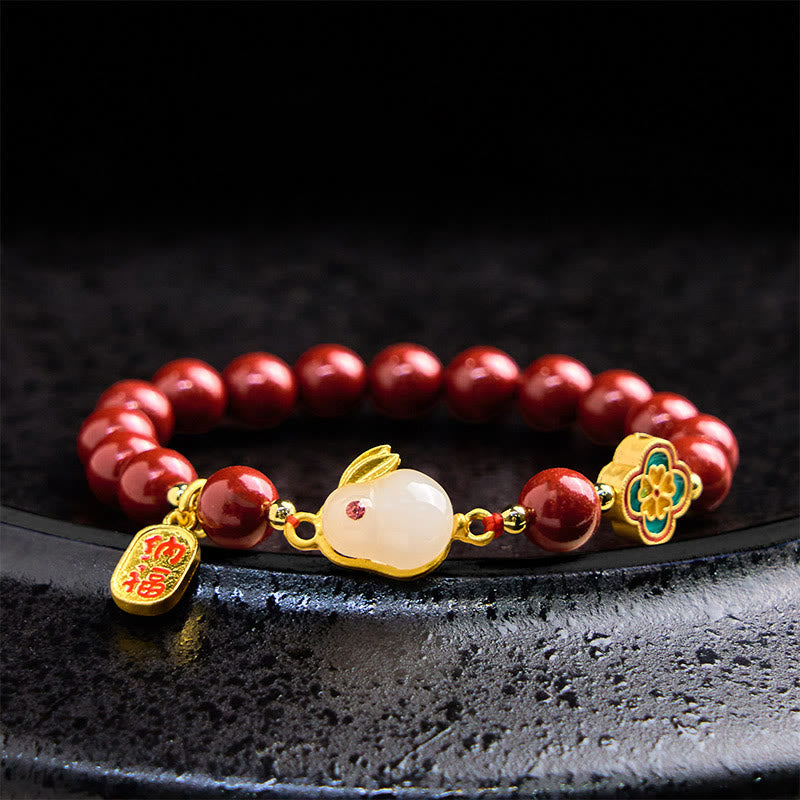 Wear FengShui Cinnabar Cute Rabbit Bunny Fu Character Calm Bracelet
