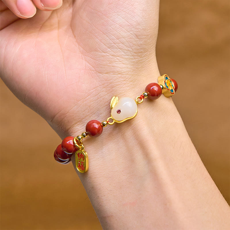 Wear FengShui Cinnabar Cute Rabbit Bunny Fu Character Calm Bracelet