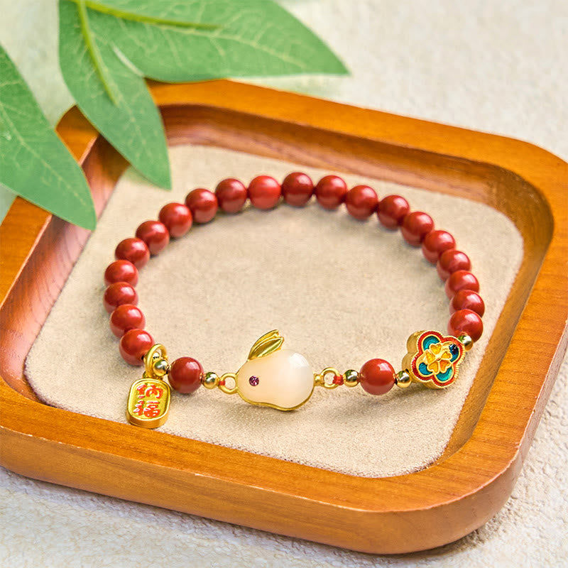 Wear FengShui Cinnabar Cute Rabbit Bunny Fu Character Calm Bracelet
