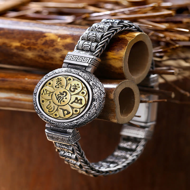 Wear FengShui Tibetan Copper Buckle Om Mani Padme Hum Turntable Rotatable Peace Metal Bracelet