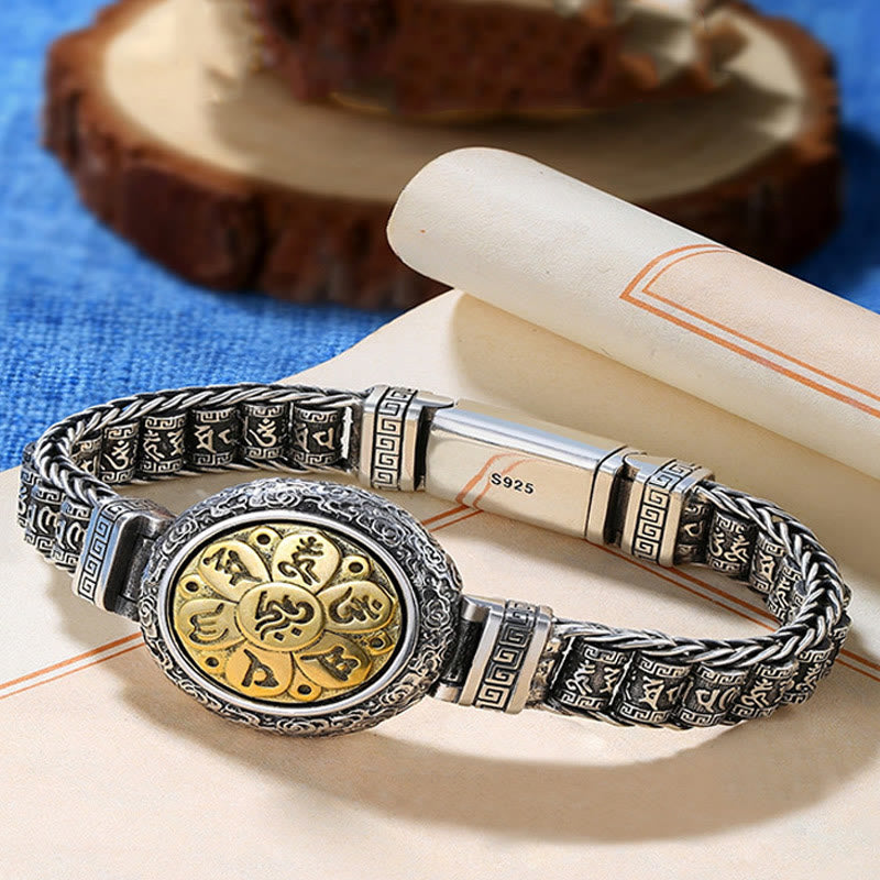 Wear FengShui Tibetan Copper Buckle Om Mani Padme Hum Turntable Rotatable Peace Metal Bracelet