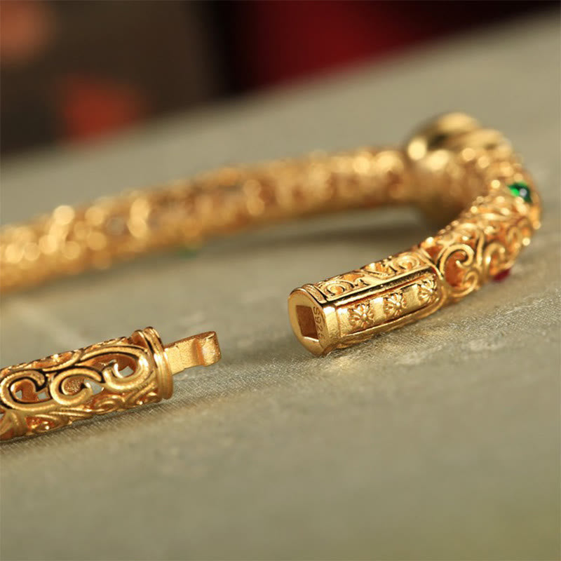 Wear FengShui Cyan Jade Copper Plated Gold Auspicious Clouds Gourd Luck Bracelet Bangle