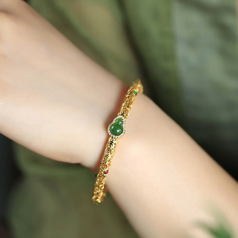 Wear FengShui Cyan Jade Copper Plated Gold Auspicious Clouds Gourd Luck Bracelet Bangle