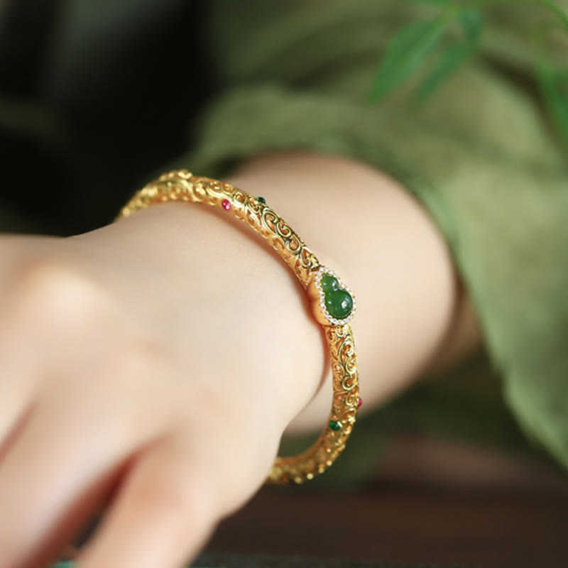 Wear FengShui Cyan Jade Copper Plated Gold Auspicious Clouds Gourd Luck Bracelet Bangle