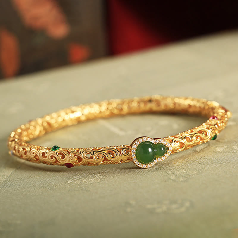 Wear FengShui Cyan Jade Copper Plated Gold Auspicious Clouds Gourd Luck Bracelet Bangle