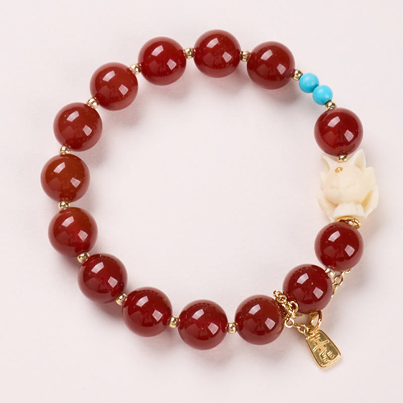 Wear FengShui Nine Tailed Fox Joy Red Agate Ivory Fruit Copper Plated Gold Confidence Bracelet