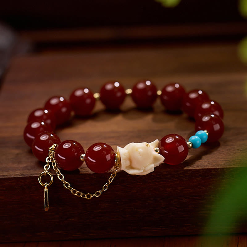 Wear FengShui Nine Tailed Fox Joy Red Agate Ivory Fruit Copper Plated Gold Confidence Bracelet