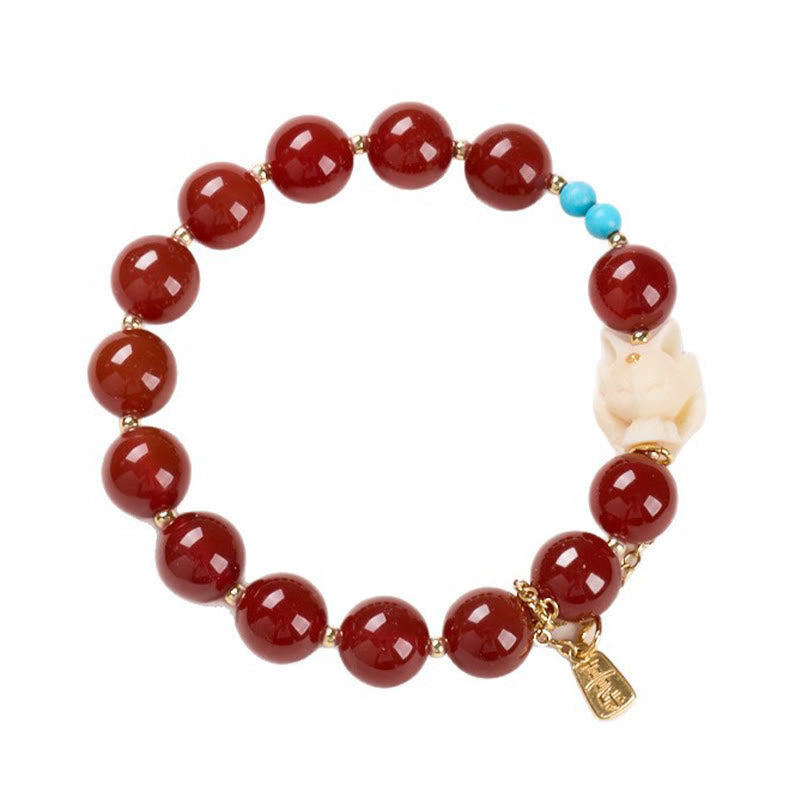 Wear FengShui Nine Tailed Fox Joy Red Agate Ivory Fruit Copper Plated Gold Confidence Bracelet