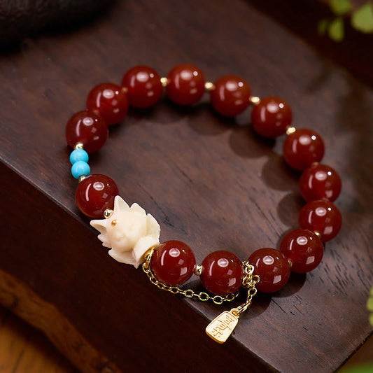 Wear FengShui Nine Tailed Fox Joy Red Agate Ivory Fruit Copper Plated Gold Confidence Bracelet