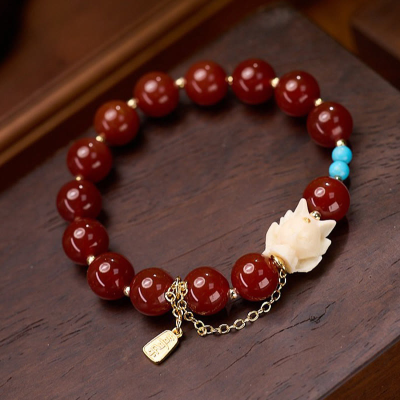 Wear FengShui Nine Tailed Fox Joy Red Agate Ivory Fruit Copper Plated Gold Confidence Bracelet