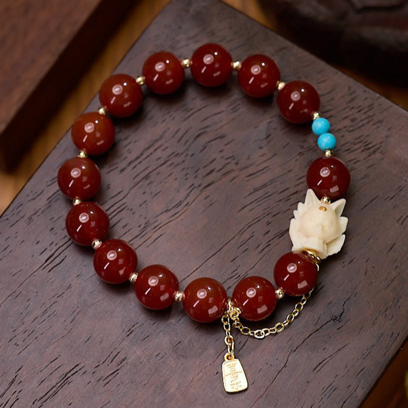 Wear FengShui Nine Tailed Fox Joy Red Agate Ivory Fruit Copper Plated Gold Confidence Bracelet