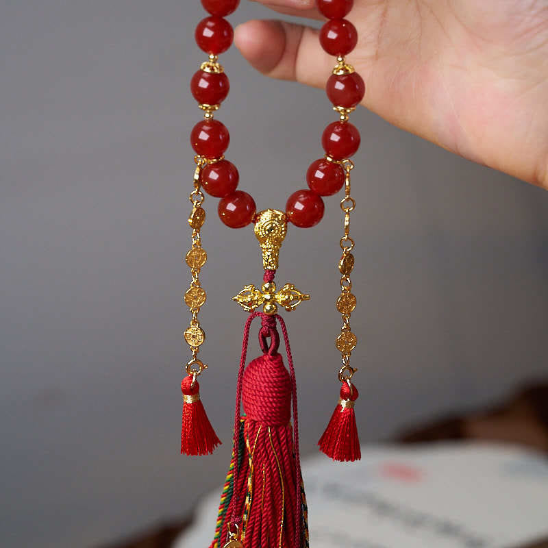 Wear FengShui 18 Beads Copper Coins Tibet Tassel Red Agate Calm Wrist Mala