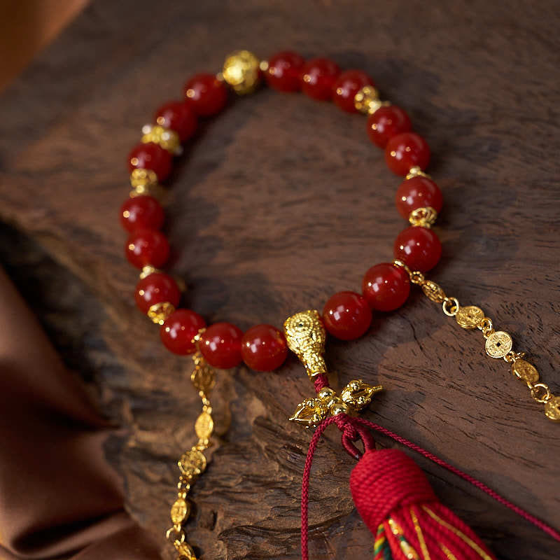 Wear FengShui 18 Beads Copper Coins Tibet Tassel Red Agate Calm Wrist Mala