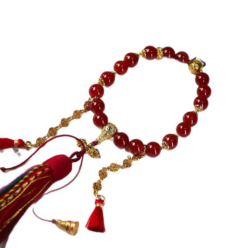 Wear FengShui 18 Beads Copper Coins Tibet Tassel Red Agate Calm Wrist Mala
