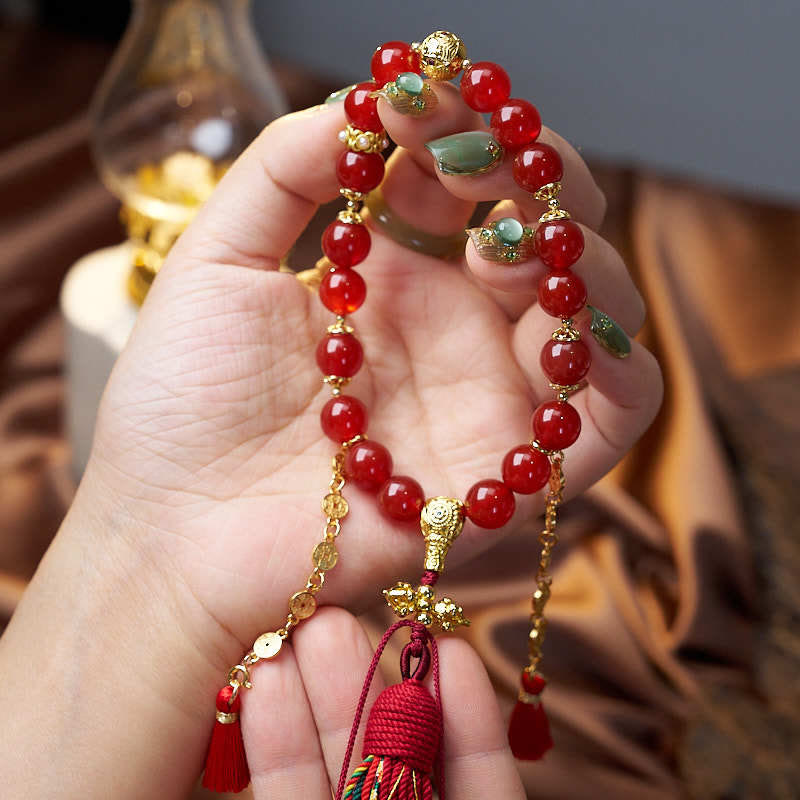 Wear FengShui 18 Beads Copper Coins Tibet Tassel Red Agate Calm Wrist Mala