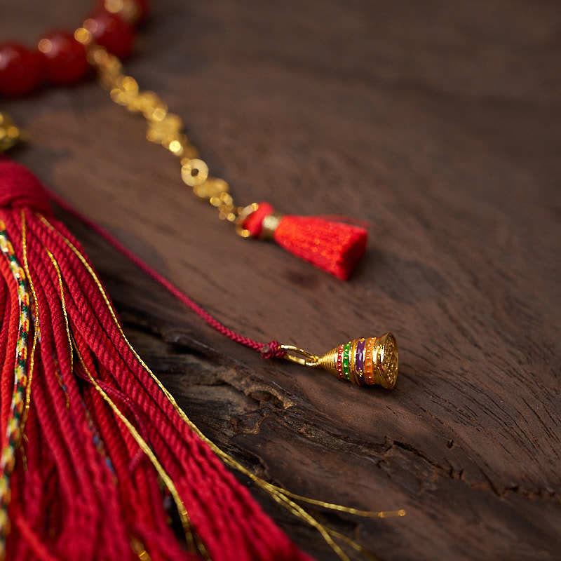 Wear FengShui 18 Beads Copper Coins Tibet Tassel Red Agate Calm Wrist Mala