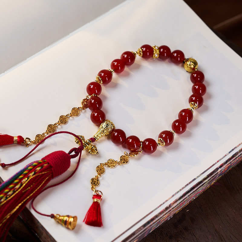 Wear FengShui 18 Beads Copper Coins Tibet Tassel Red Agate Calm Wrist Mala