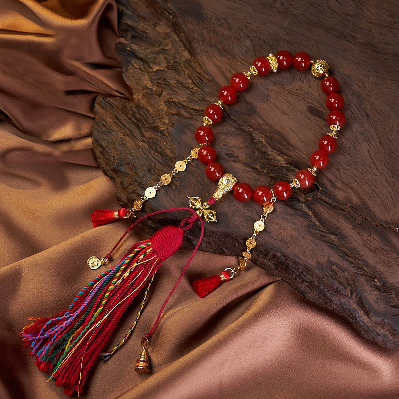 Wear FengShui 18 Beads Copper Coins Tibet Tassel Red Agate Calm Wrist Mala