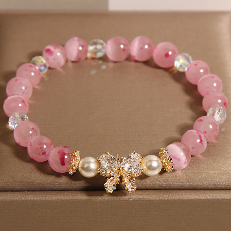 Wear FengShui Cherry Blossom Pink Cat's Eye Pearl Bow-knot Rosette Support Bracelet