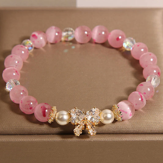 Wear FengShui Cherry Blossom Pink Cat's Eye Pearl Bow-knot Rosette Support Bracelet