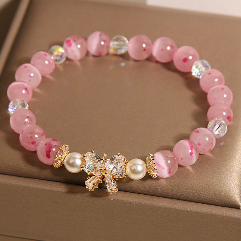 Wear FengShui Cherry Blossom Pink Cat's Eye Pearl Bow-knot Rosette Support Bracelet
