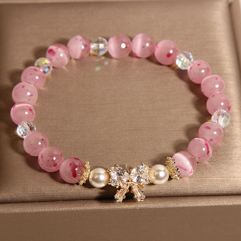 Wear FengShui Cherry Blossom Pink Cat's Eye Pearl Bow-knot Rosette Support Bracelet