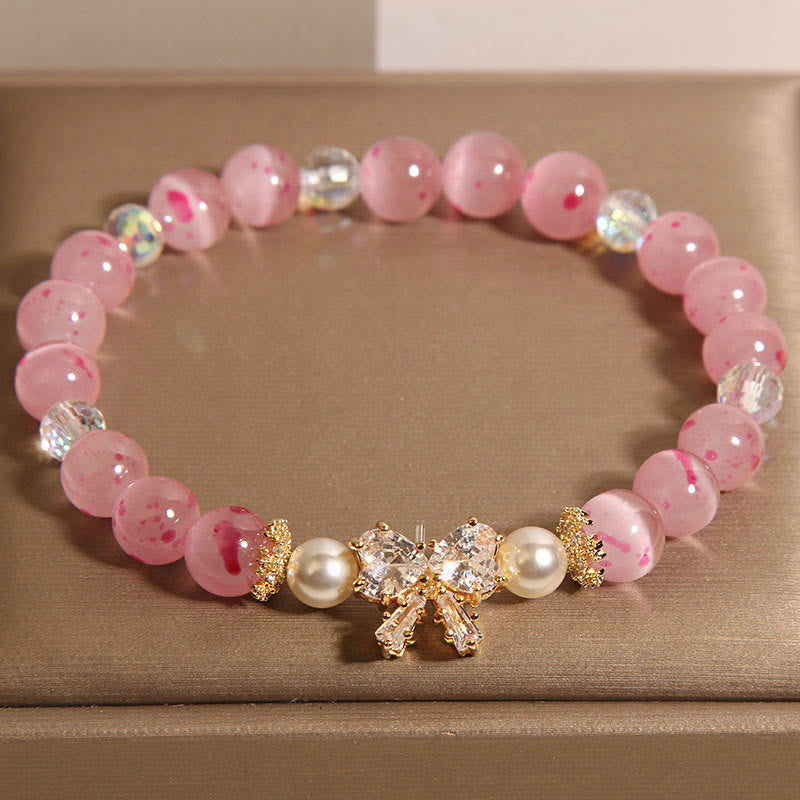 Wear FengShui Cherry Blossom Pink Cat's Eye Pearl Bow-knot Rosette Support Bracelet