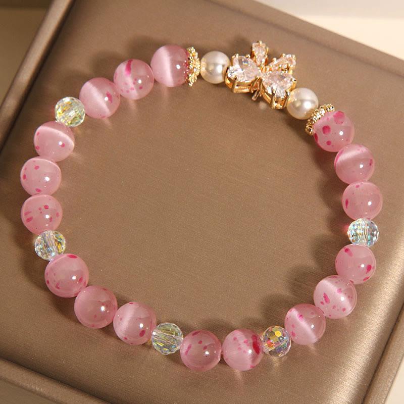 Wear FengShui Cherry Blossom Pink Cat's Eye Pearl Bow-knot Rosette Support Bracelet